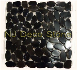 Black Polished Sliced Pebble Mosaic, Pebble Black Marble Pebble Mosaic