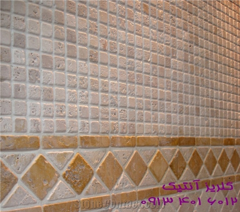 Persian Cream Travertine Tumbled Mosaic Wall Tiles, Beige Travertine Tumbled Mosaic