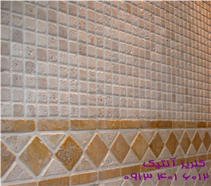 Persian Cream Travertine Tumbled Mosaic Wall Tiles, Beige Travertine Tumbled Mosaic