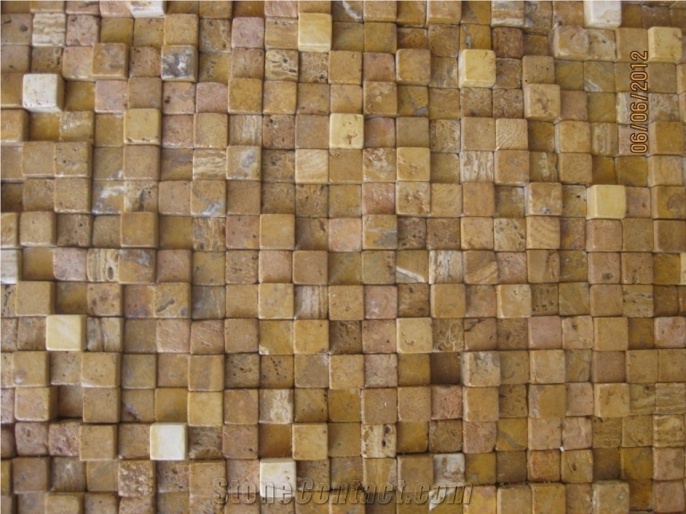 Persian Gold Travertine 3D Brick Mosaic, Yellow Travertine Brick Mosaic