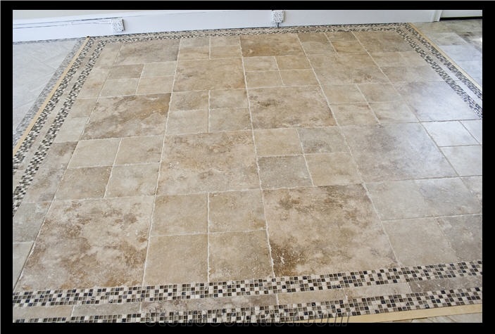 Walnut Travertine Brushed Floor Tiles, Turkey Brown Travertine