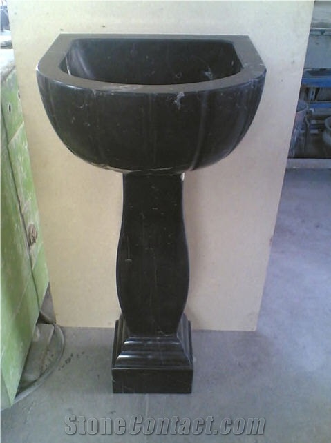 Pedestal Sink in Nero Maquina Marble, Black Marble Sink
