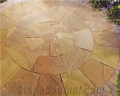 Modak Sandstone Circle Stone, Yellow Sandstone Cobble, Pavers