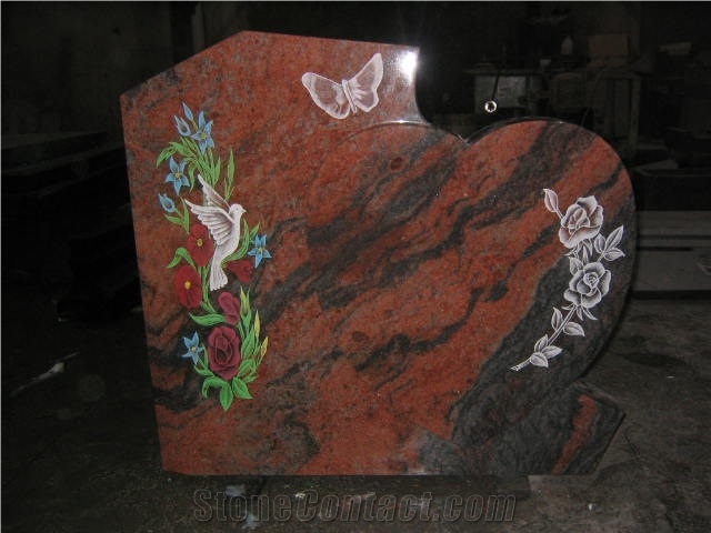 Multicolor Red Granite Flower Etching Tombstone