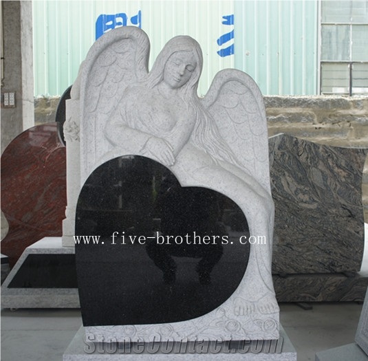 Heart Angel Carving Headstone, Black Granite Headstone