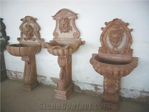 Stone Carving Wall Fountain, Red Granite Wall Fountain