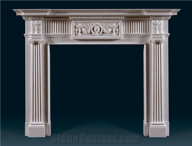 Hand Carved Fireplace, Crema Marfil Beige Marble Fireplace
