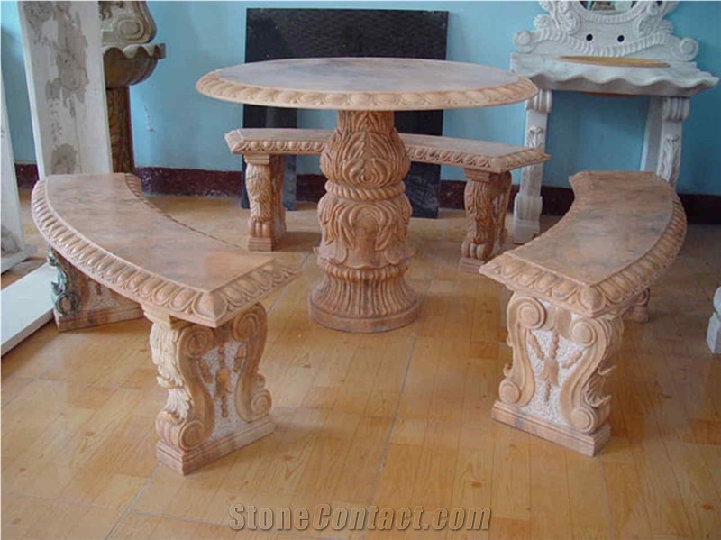 Garden Stone Table and Bench, Pink Marble Bench