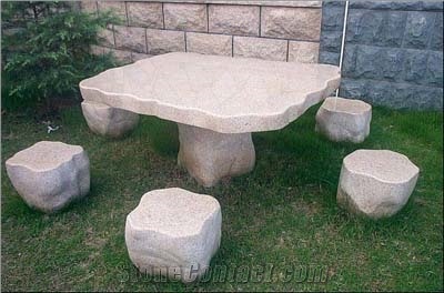 Outdoor Stone Bench, Table Set, G681 Beige Granite Table Set