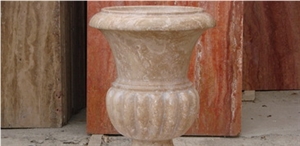 Travertine Carved Flower Pot, Dark Persian Beige Travertine