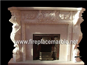 White Marble Fireplace Handcarved Statue Mantel / Fireplace Hearth
