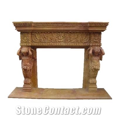 Yellow Marble Angel Carving Fireplace