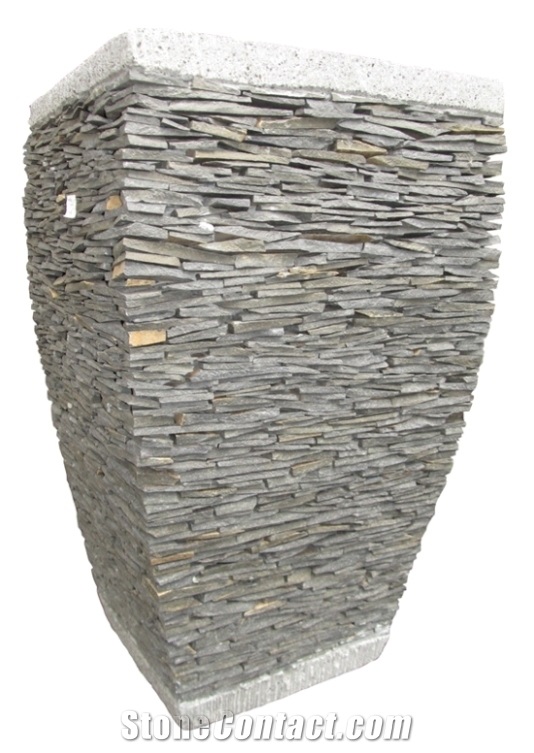 Stacked Stone Garden Flower Pot, Lava Stone Grey Basalt