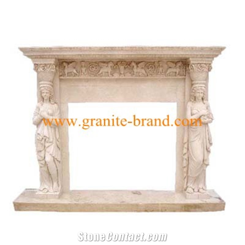 Stone Carving Fireplace Mantel, Beige Travertine Fireplace Mantel