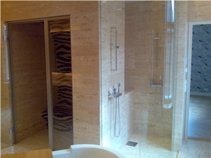 Travertino Classico Veincut Bath Wall Covering, Travertino Classico Tivoli Beige Travertine Bath Design