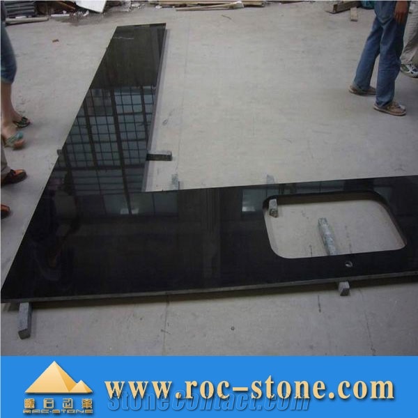 Black Granite Countertop,Absolute Black Kitchen Top, China Black Granite Bar Top, Eased Edges Kitchen Countertop, Polished Custom Island Top, Bullnose Edges Stone Tops with Wooden Cabinets