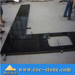 Black Granite Countertop,Absolute Black Kitchen Top, China Black Granite Bar Top, Eased Edges Kitchen Countertop, Polished Custom Island Top, Bullnose Edges Stone Tops with Wooden Cabinets