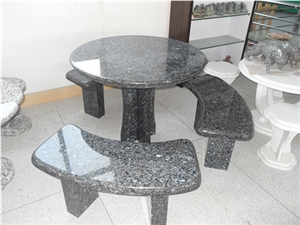 Granite Stone Table and Bench, Pearl Blue Granite Bench