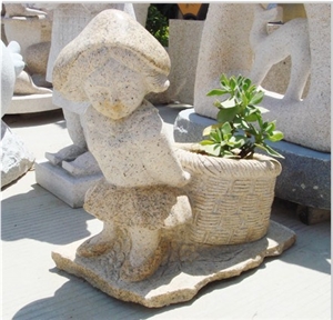Granite Sculpture Flower Pot for Landscaping 01, Beige Granite Flower Pot