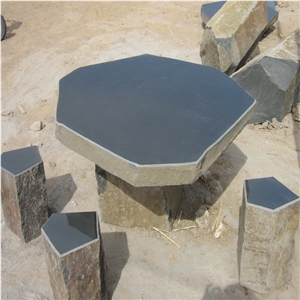 Basalt Stone Bench and Table, Black Basalt Bench