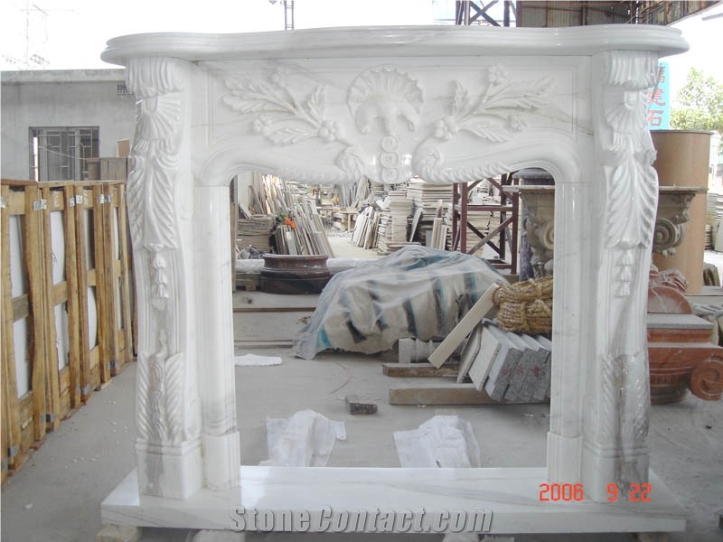 Carving Flower Fireplace Frame, White Marble Fireplace