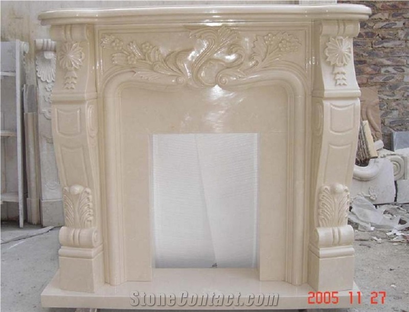 Flower Carved Fireplace, Beige Marble Fireplace
