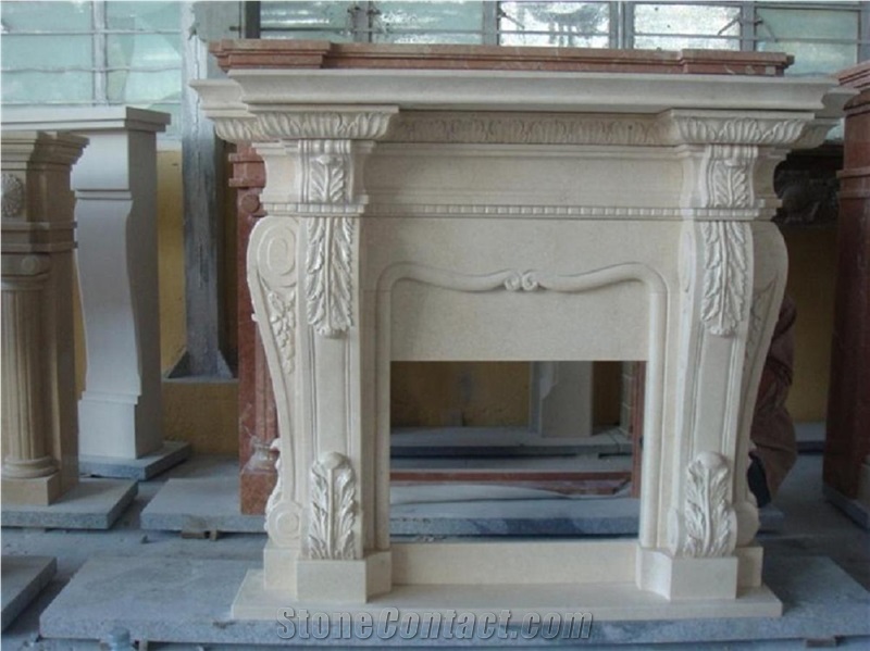 Hand Carving Fireplace Frame, Beige Marble Fireplace
