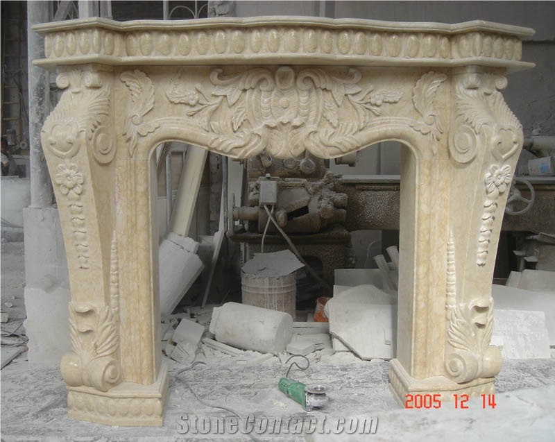 Perlato Svevo Marble Carved Fireplace, Beige Marble Fireplace
