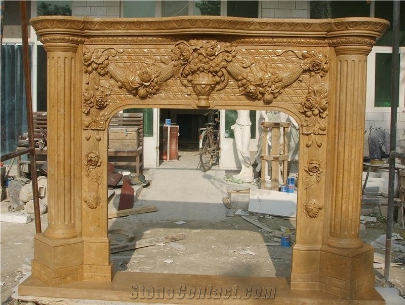 Yellow Marble Carved Stone Fireplace