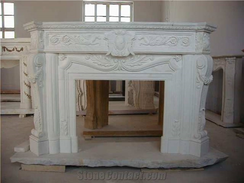 White Marble Carved Fireplace, Desert White Marble