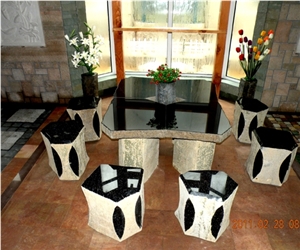 Basalt Table and Benches, Black Granite Benches