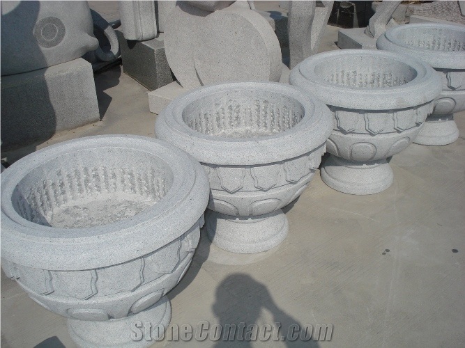 Carved Stone Flower Pot, Grey Granite Flower Pot from China