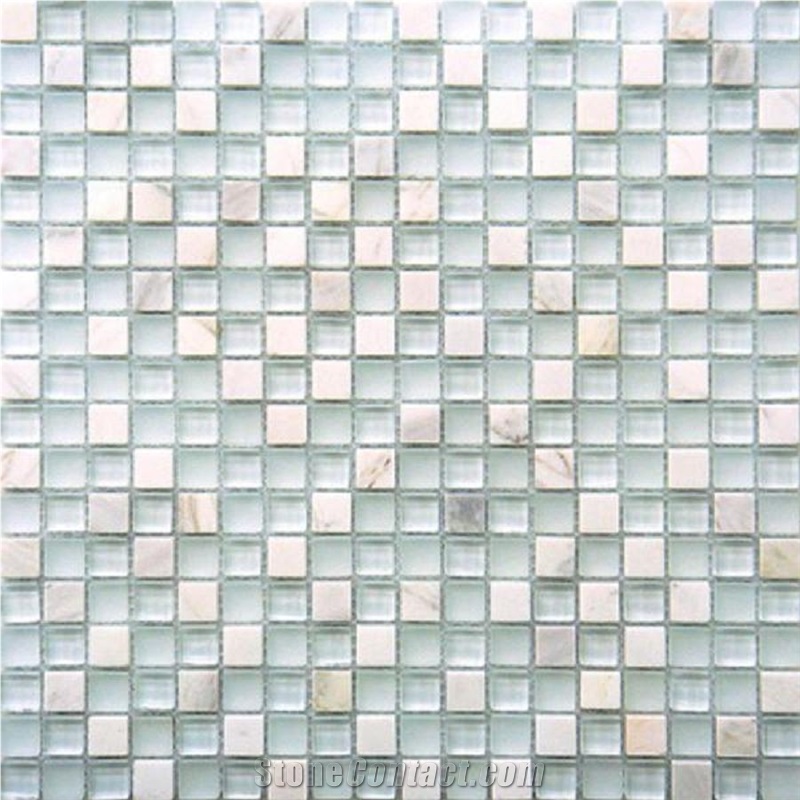 Crystal Glass Mix Stone Mosaic, White Marble Mosaic