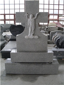 Granite Cross Headstone with Base, Grey Granite Headstone