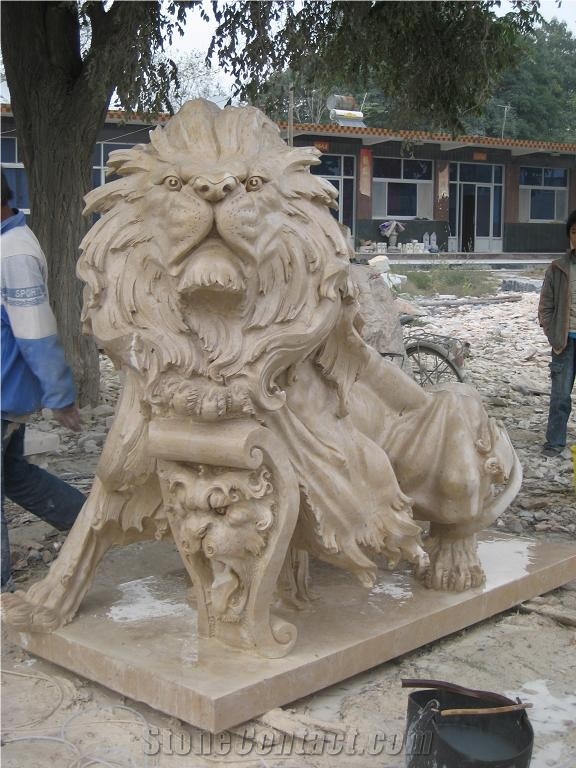 Outdoor Lion Stone Sculpture, Beige Marble Sculpture