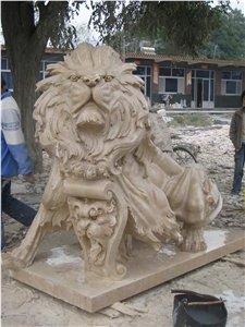 Outdoor Lion Stone Sculpture, Beige Marble Sculpture