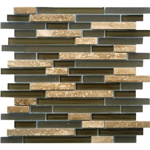 Strip Glass Mixed Stone Mosaic, Brown Marble Mosaic