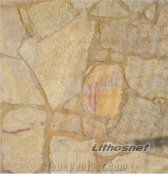 Yellow Dark Polygonal Wall Stone, Yellow Limestone Wall