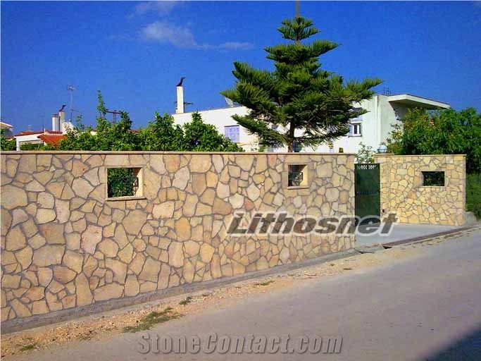Yellow Dark Polygonal Wall Stone, Yellow Limestone Wall