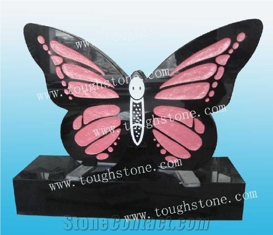 Engraved Butterfly Cemetery Headstone, Shanxi Black Granite Tombstone with Angel Design, Butterfly Gravestone