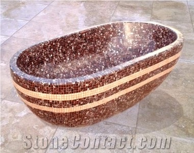Rosa Levanto Marble with Beige Travertine Mosaic B, Red Marble Bath Tub