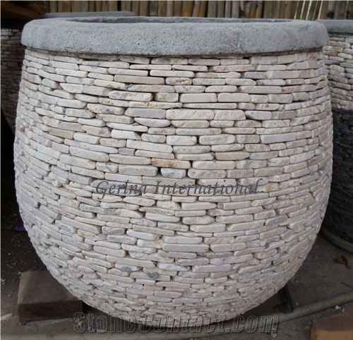 Stone Pot with Marble Slice Stone, White Marble