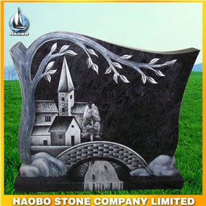 China Factory Bahama Blue Granite Carving Monument Engraved Tree and House Headstone Line Car