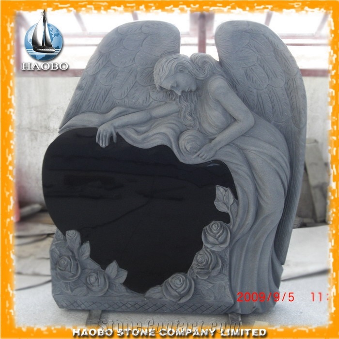 China Factory Direct Absolute Shanxi Black, Aurora Granite Angel with Heart Shape Monuments, Double Angel with Doubel Heart Hand Carved Headstone
