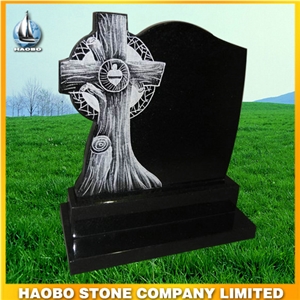 Cross Line Carving Monument Black Granite Headsto