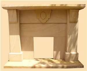 Fire Place, Teak Wood Yellow Sandstone Fireplace