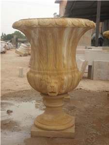 Flower Pot, Teak Wood Beige Sandstone