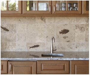 Honed Fossil Stone Relief Tile Backsplashes, Beige Limestone Kitchen Accessories