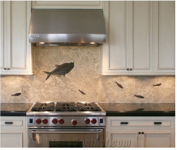 Honed Slab Backsplash with Fossils Prepared in Rel, Beige Limestone Kitchen Accessories