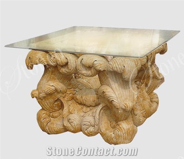 Unique Stone Table Carved from a Single Block, Yellow Marble Tables